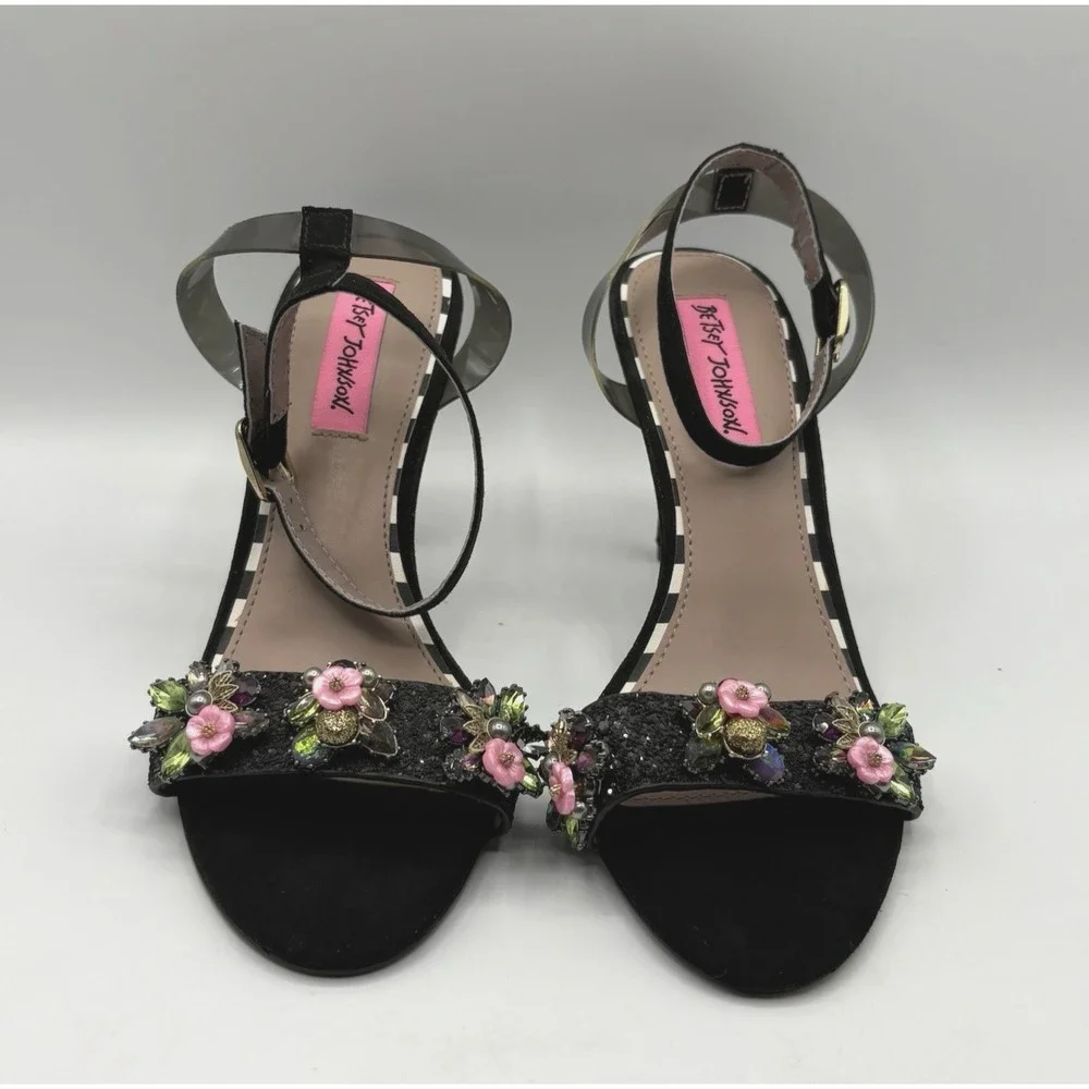 BETSY JOHNSON Alyna Heels Women's Size 6.5-7‎ Black Embellished Ankle Strap NWOB
